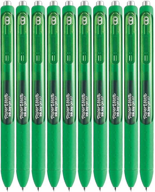 Paper Mate InkJoy Gel Pens, Green Ink, Medium Point (0.7mm), 10 Count, Bundle with Plastic Reusable Pouch-DeskLoop Office