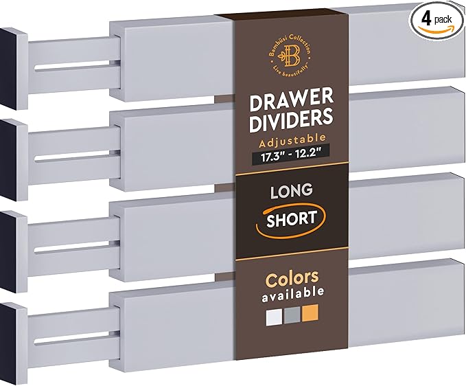 4 Pack Drawer Divider - Bamboo 2.6" High, 12.5-17" Adjustable Drawer Organizers for Clothes, Expandable Dresser Separators in Bedroom/Bathroom/Kitchen/Office Organization and Storage (Grey)-DeskLoop Office