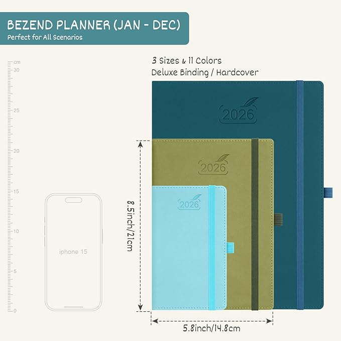 BEZEND 2026 Planner Weekly and Monthly (6" x 8.5") Daily Calendar with Half-Hourly Timeslots & Tabs (Jan-Dec) Note & Expenses, Pen Holder, Inner Pocket, Vegan Leather Hardcover - Mint Green-DeskLoop Office