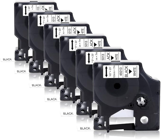 6-Pack 45013 Tape Compatible with Dymo 160 Label Maker Refill 1/2 Inch Black on White D1 Label Tape 45013 a45013 45013s S0720530 for LabelManager 280 160 420P 220P 210D 360D 450D, 23 Feet-DeskLoop Office
