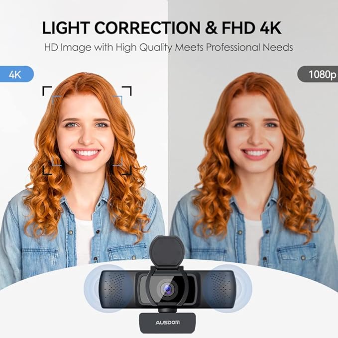 AUSDOM 4K Webcam, Autofocus Webcam with Microphone, Privacy Cover, Plug and Play USB Computer Web Camera for Pro Streaming/Online Teaching/Video Calling/Zoom/Skype (Black-4K)-DeskLoop Office
