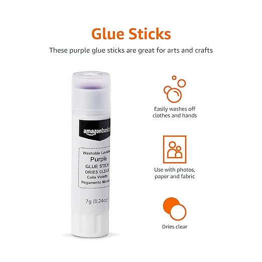 Amazon Basics Purple Washable School Glue, Dries Clear, 0.24-oz. Sticks, 8 Pack of 60, 480 Count Total-DeskLoop Office