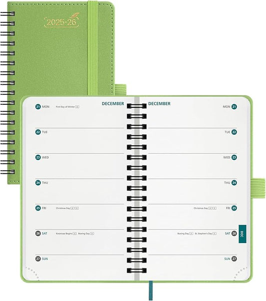 BEZEND Pocket Planner 2025-2026 Weekly with 2 Columns, 18-Month Academic Calendar (Jul 25-Dec 26), Life Work App., Storage Pocket, Pen Holder, PU Leather Softcover 3.5" x 6" Spiral - Fruit Green-DeskLoop Office