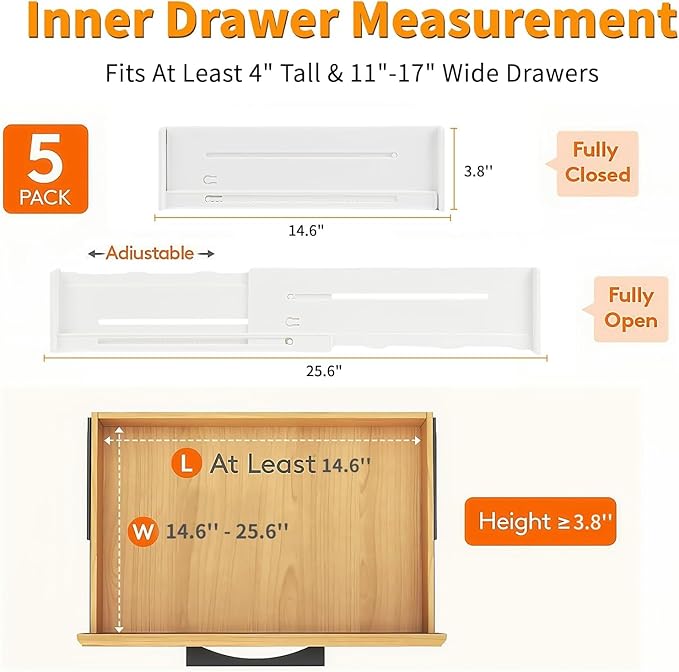 5 Pack Drawer Dividers 3.8" Slim Height Drawer Separators, Non-Slip Plastic Drawer Organizers Expandable 14.6"-25.6" for Shallow Drawers,Kitchen & Clothes Storage, Adjustable Office Drawer Divider-DeskLoop Office