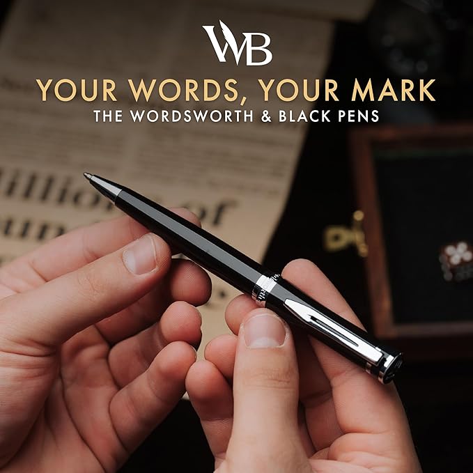 Wordsworth and Black Ballpoint Pen Black Lacquer- Stunning Luxury Pen Chrome Finish, Ink Refill, Best Gift Set for Men & Women, Refillable, Elegant, Nice Pens, Fine Point-DeskLoop Office