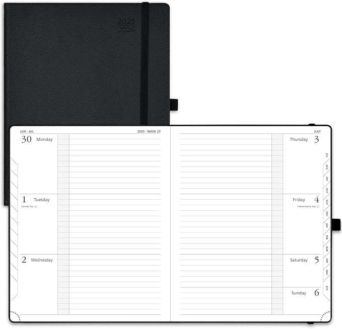 POPRUN Planner 2025-2026 (Large 8.5''x 10.5''), Horizontal Weekly Notebook Jul.2025 - Jun.2026, Academic Appointment Book with Monthly Tabs, Leather Hardcover, Inner Pocket, 100 GSM - Black-DeskLoop Office