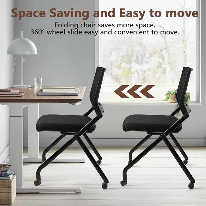 CLATINA Stackable & Foldable Conference Room Chairs, Waiting Room Chairs with Wheels & Lumbar Support, Ergonomic Mesh Bouncing Back Folding Chair for Office Meeting Schools Training Room, Black(4pk)-DeskLoop Office