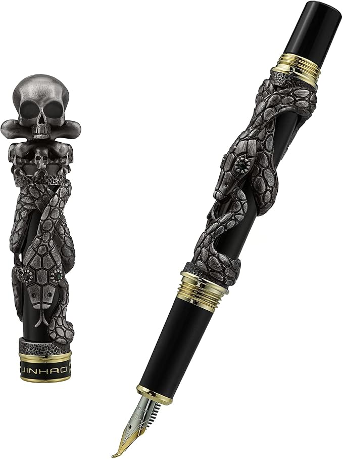 Jinhao Black Snake Fountain Pen Bent Nib Fude Pen with Skull Head Solid Metal-DeskLoop Office