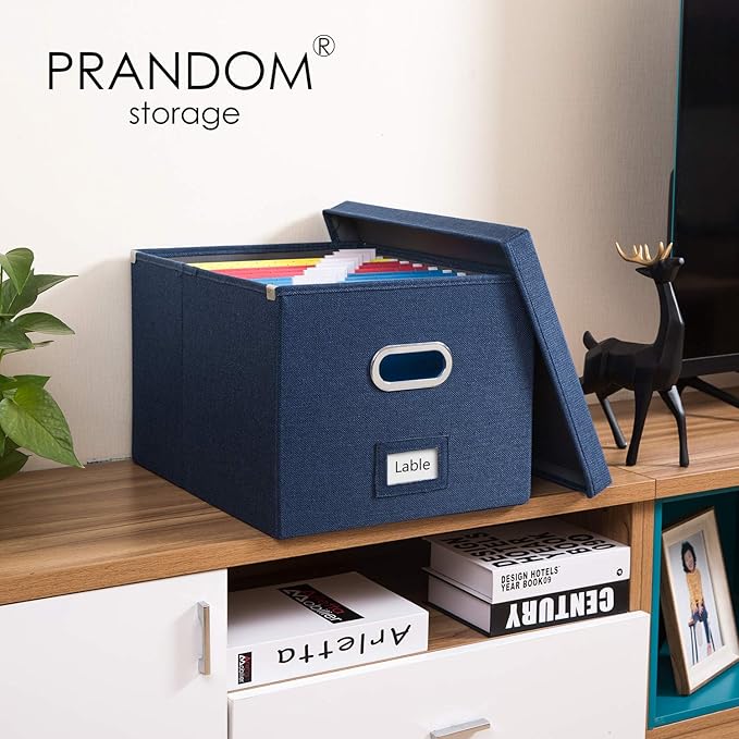 PRANDOM File Organizer Box - Set of 1 Collapsible Decorative Linen Filing Storage Hanging File Folders with Lids Office Cabinet Letter/Legal Size Navy Blue (17x14x11.2 inch)-DeskLoop Office