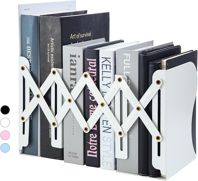 M&G Adjustable Bookends Book Ends for Shelves, Metal Bookend for Heavy Books, Desk Magazine File Organizer Holder Extends up to 20in, Book Stopper for Home, Office, Classroom (White)-DeskLoop Office