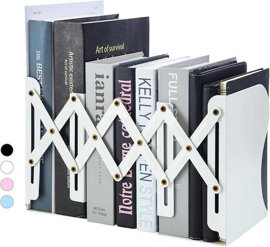 M&G Adjustable Bookends Book Ends for Shelves, Metal Bookend for Heavy Books, Desk Magazine File Organizer Holder Extends up to 20in, Book Stopper for Home, Office, Classroom (White)-DeskLoop Office