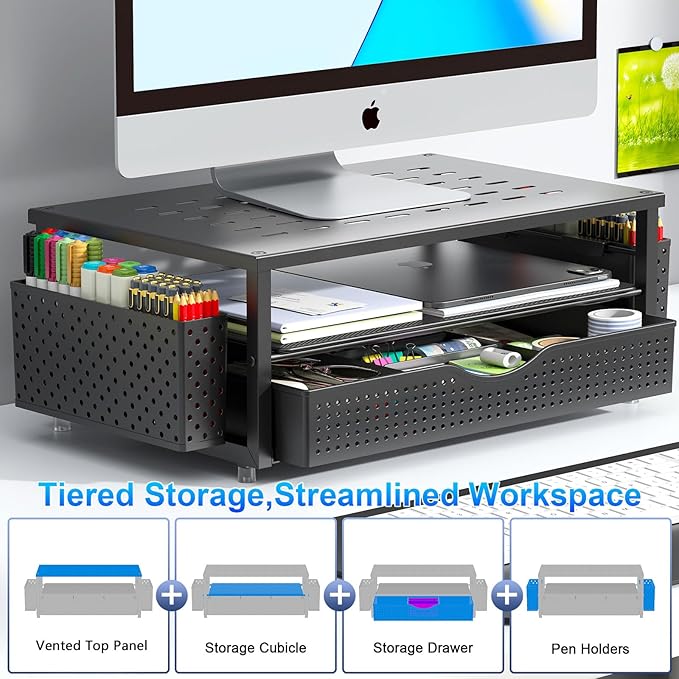 gianotter Desk Organizers and Accessories, Monitor Stand with Drawer and 2 Pen Holder, Desktop Organizer Suitable for Offices and Dormitories (Black)-DeskLoop Office