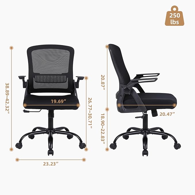 Office Chair, Ergonomic Desk Chair with Lumbar Support, Breathable Mesh Chair with Flip-up Armrests and Mid Back, Comfy Task Computer Height Adjustable Swivel Chair (8, Black)-DeskLoop Office