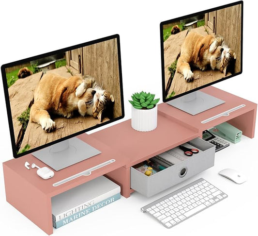 WESTREE Dual 3 Shelf Computer Riser with Drawer, Adjustable Length and Angle, Desktop 2 Monitor Stand Storage Organizer-DeskLoop Office