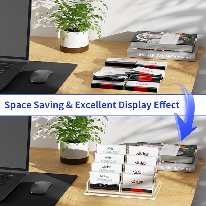 NIUBEE Clear Business Card Holder 4 Tier Acrylic Business Card Stand, 8 Slots Business Card Display for Desk Counter, 600 Card Capacity, 1 Pack-DeskLoop Office