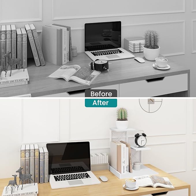 ELITEROO Desk Shelf, Wood Small Bookshelf Desktop Shelves and Organizer, Freestanding 3 Tier Storage Display Stand Home Office Decor for Books Plants Toys, White-DeskLoop Office