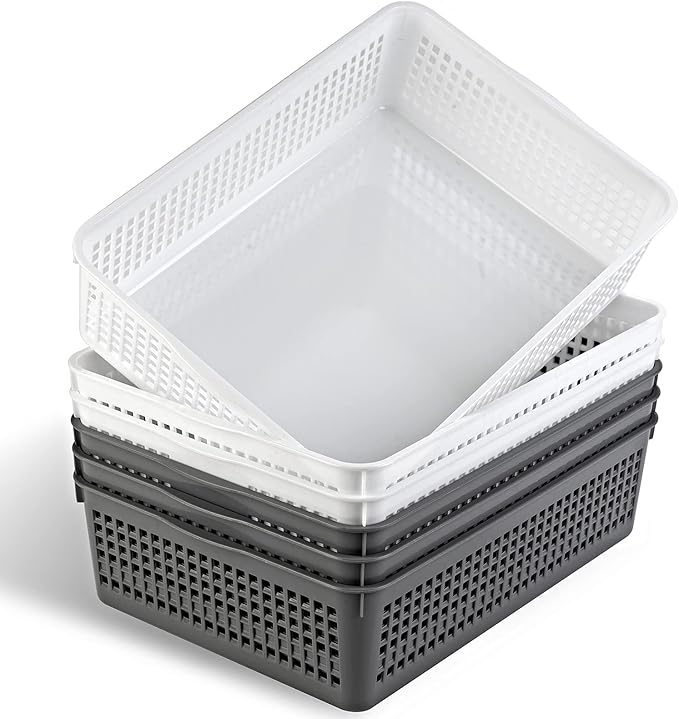 A4 Size Plastic Storage Basket,Desktop File Paper Letter Organizer Tray, 6-Packs (White+Grey)-DeskLoop Office
