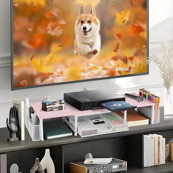 Desk Dual Monitor Stand Riser - Desk Organizer with Drawer and Pen Holders, Office Desk Accessories & Workspace Organization, Computer Monitor Stand for Laptop, Printer(Pink& White)-DeskLoop Office