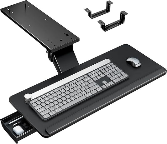 Keyboard Tray Under Desk with Storage Drawer, Height Adjustable Keyboard Tray Slide Out Swivel Tilt, Ergonomic Under Desk Mount Keyboard & Mouse Holder for Gaming Home Office, 25x11'', Black-DeskLoop Office
