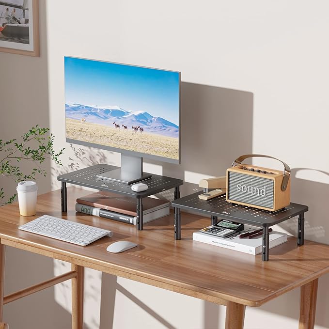WALI Dual Monitor Stand for Desk, Desk Monitor Riser 3 Height Adjustable, Laptop Riser with Airflow Vents, Desk Organizer for Computer, Laptop, Printer, Notebook (STT003-2), 2 Pack, Black-DeskLoop Office