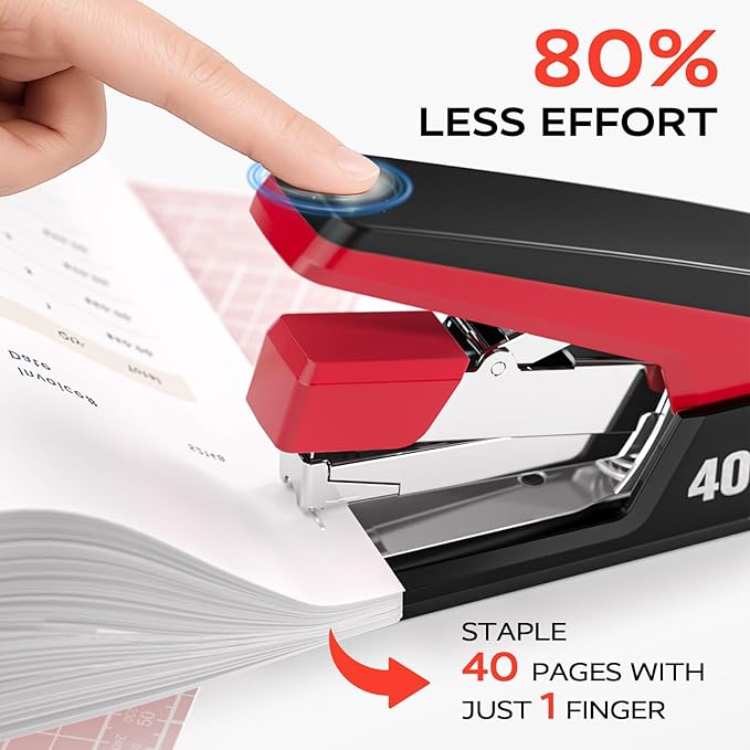 Effortless Stapler for Desk with 40-50 Sheet Capacity, 2000 Staples, 1-Touch Stapling, Ergonomic & Easy to Load Desktop Staplers, Heavy Duty Stapler, and Magnetic Staple Remover, Red-DeskLoop Office