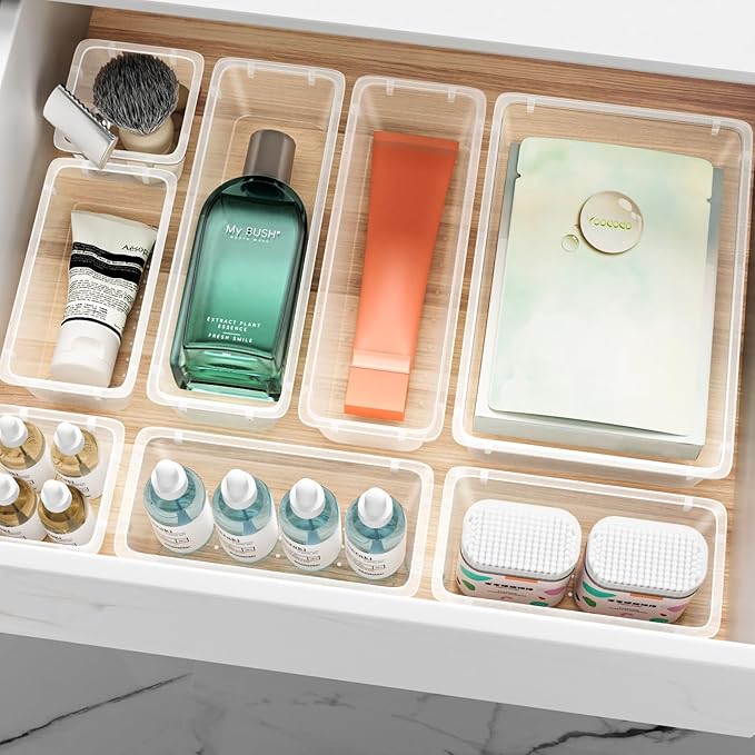 12-Piece Drawer Organizer Set, 4 Sizes Clear Plastic Makeup Vanity Organizer for Makeup, Stationery, Gadgets, Kitchen, Bathroom, Office, Bedroom