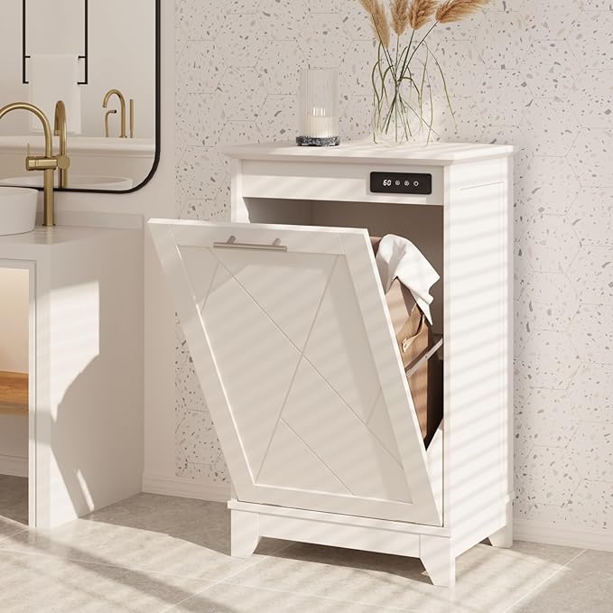 Tilt Out Trash Cabinet, Kitchen Trash Can Cabinet w/Negative ion and deodorizing Function, Dog Proof 20 Gallon Garbage Can Cabinet for Kitchen, Bathroom, Living Room, White-DeskLoop Office