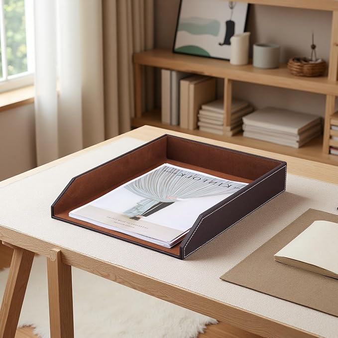 KINGFOM Letter Tray, PU Leather Paper Organizer Tray for Desk, Paper Organizer Storage Holder for Office Home or School A4 Size Brown-DeskLoop Office