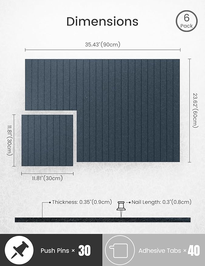 Bumusty Large Cork Board Alternative-36 x24 Felt Bulletin Board, with 30 Pushpins, 40 Adhesive Tabs, 6-Pack Slat Wall Paneling, Cork Boards for Office Push Pin Board Felt Board-Deep Charcoal Blue-DeskLoop Office