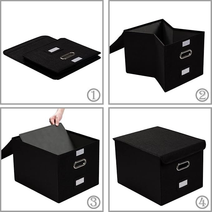 PRANDOM File Organizer Box - Set of 4 Collapsible Decorative Linen Filing Storage Hanging File Folders with Lids Office Cabinet Letter Size Black (15x12.2x10.75 inch)-DeskLoop Office
