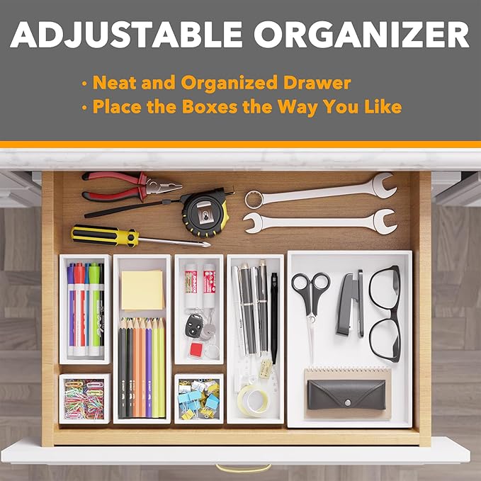 SpaceAid 7-Piece Bamboo Drawer Organizer Storage Boxes Set, Wood Tray Junk Drawer Organizers Multi-Use Divider Bins for Kitchen, Bathroom, Office Desk and Makeup Organization (7 Pack, White)-DeskLoop Office