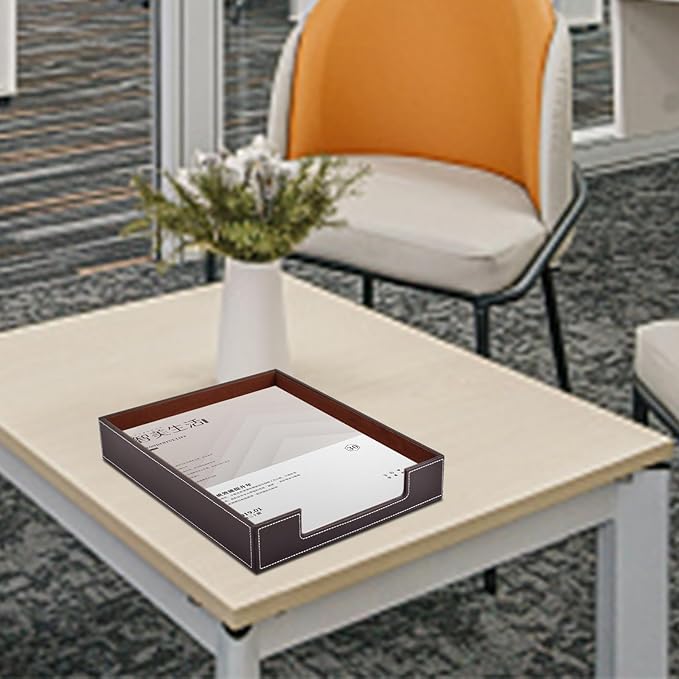 PU Leather 1-Layer Stackable Office File Document Tray Case Rack Paper Letter Tray Desk File Document Organizer Holder (Coffee)-DeskLoop Office