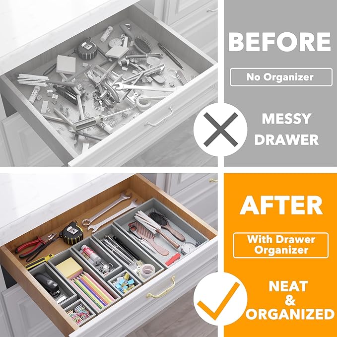 SpaceAid 7-Piece Bamboo Drawer Organizer Storage Boxes Set, Wood Tray Junk Drawer Organizers Multi-Use Divider Bins for Kitchen, Bathroom, Office Desk and Makeup Organization (7 Pack, Gray)-DeskLoop Office