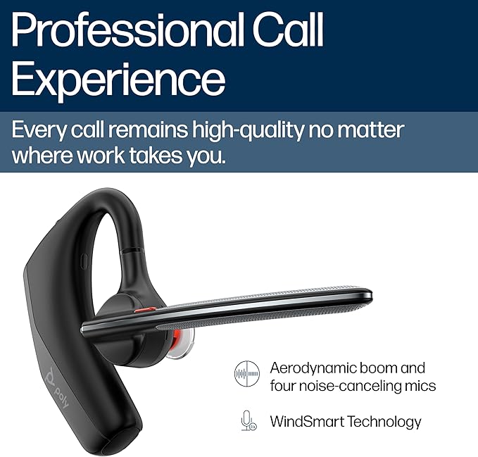 POLY HP Voyager Legend 30 - Bluetooth Monaural Headset - Discreet Boom & 4 Noise-Canceling Mics, WindSmart Technology, All-Day Comfort, Seamless Connectivity, Smart Sensors & Call Controls, Black-DeskLoop Office