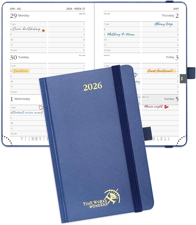 POPRUN 2026 Planner (Pocket Size 4''x 6.25'' Hardcover) - Small Calendar for Purse with Hourly Schedule & Vertical Weekly Layout, Monthly Calendars, 100 GSM - Navy Blue-DeskLoop Office