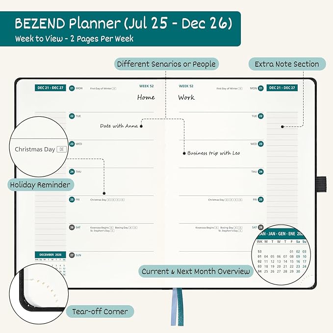 BEZEND Weekly Planner 2025-2026 with 2 Columns, 8.5" x 11" Academic Calendar 18 Months (Jul 25-Dec 26) Life Work Appointment Book with Monthly Tab, PU Leather Hardcover - Dutch Blue-DeskLoop Office