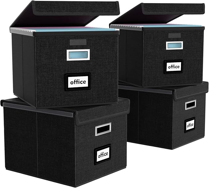 Huolewa New Portable File Organizer Boxes Set of 4, Collapsible Linen Hanging Filing Storage Boxes with Plastic Slide, Decorative Home/Office Filing System for File and Folders Storage (Black)-DeskLoop Office