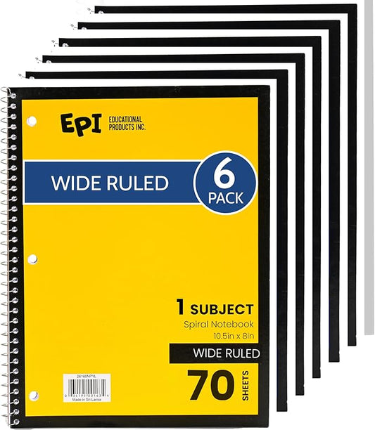 EPI Spiral Notebook | Wide - 70 Sheets, Durable Spiral Binding | 10.5 x 8 in | Classroom Supplies | School, Office, Note Taking, Journaling - 6 Pack-DeskLoop Office