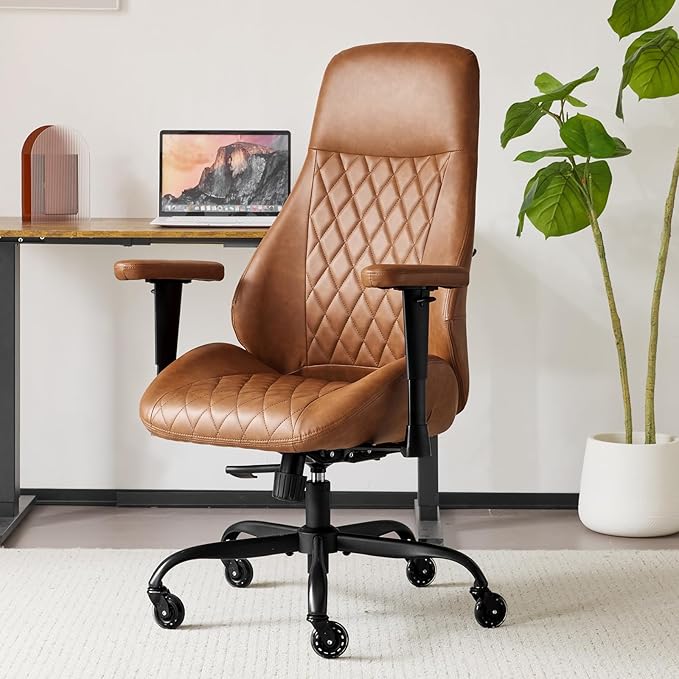 YFO Home Office Desk Chair High Back Office Rubber Casters Ergonomic Computer Chair with Lumbar Support Adjustable Height Rolling Swivel Chair Executive Task Armrests๏ผ Brown Leather