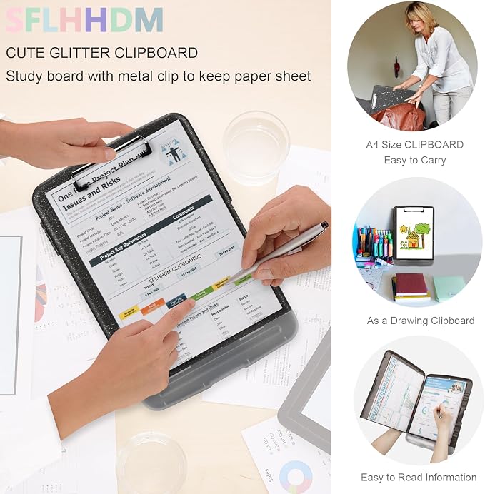 SFLHHDM Glitter Clipboard with Storage, Plastic Storage Clipboard with Pen - Image 7