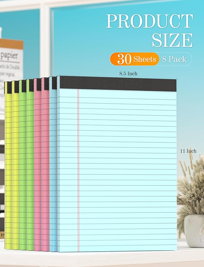 Legal Pads 8.5 x 11 Colored, 8 Pack Legal Notepads 8.5 x 11, Colored Note Pads 8.5 x 11 Writing Pad, Pink Notebook Paper 8.5 x 11, Lined Paper Tablets 8.5 x 11 Pads of Paper, Wide Ruled, 30 Sheets/Pad-DeskLoop Office