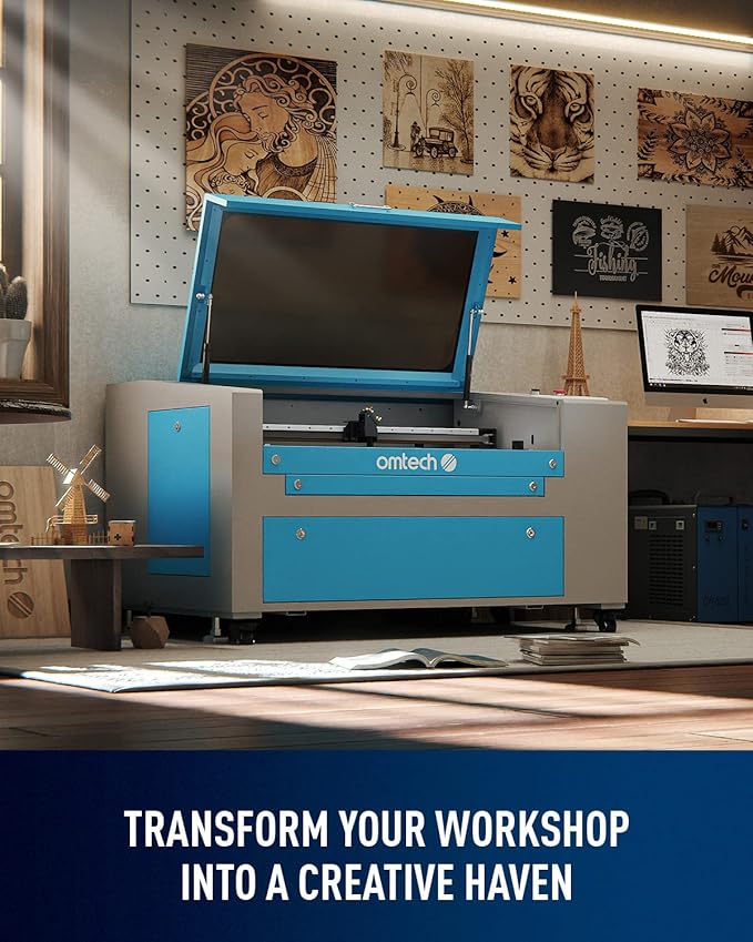 OMTech 60W CO2 Laser Engraver with LightBurn and Water Chiller, 16"x24" Laser Engraving Cutting Machine with Air Assist 2 Way Pass Digital Controls, Commercial Laser Cutter-DeskLoop Office