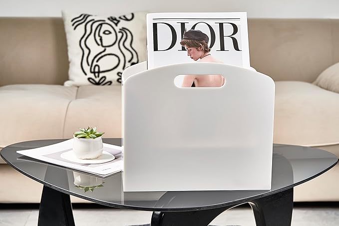 White Magazine Holder - Acrylic Magazine Rack Floor, Newspaper Stand with handles, Modern Lucite Magazine and Book Basket Box for Bathroom, Bedroom, Living Room-DeskLoop Office