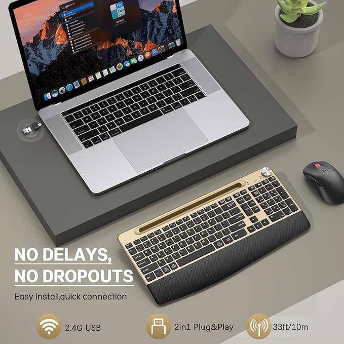 Ergonomic Wireless Keyboard and Mouse with Wrist Rest,Phone Holder - 2.4GHz Full-Sized Low-Profile Quiet Gold Wireless Mouse and Keyboard Combo for Computer, Laptop, PC, Mac-Gold
