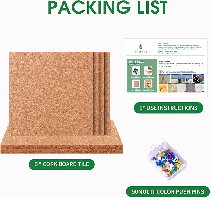 6 Pack Cork Bulletin Board 12 x 12 Inch - 1/2" Thick Cork Board Tiles,Self-Adhesive Frameless Cork Tiles Wall Decor with 50 PCS Pushpins for DIY, Office, School and Home Decor-DeskLoop Office