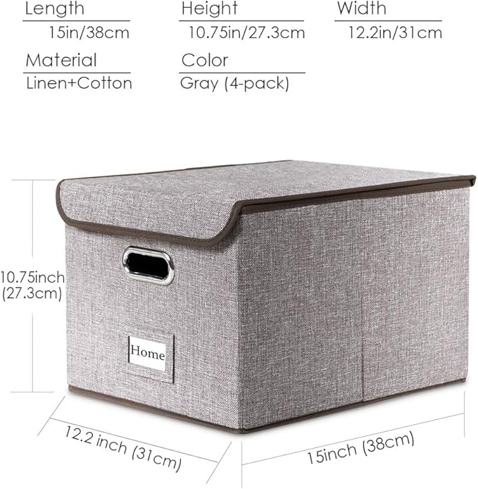 PRANDOM File Organizer Box - Set of 4 Collapsible Decorative Linen Filing Storage Hanging File Folders with Lids Office Cabinet Letter Size (15x12.2x10.75 inch)-DeskLoop Office