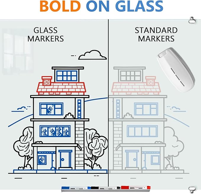 Glass Whiteboard Markers, Spray Magnetic Eraser & 2-in-1 Reversible Dual Tip - Bullet & Fine Point, Erasable Liquid Dry Erase Pens (4 Black 1 Blue 1 Red) for Acrylic Window Mirrors-DeskLoop Office