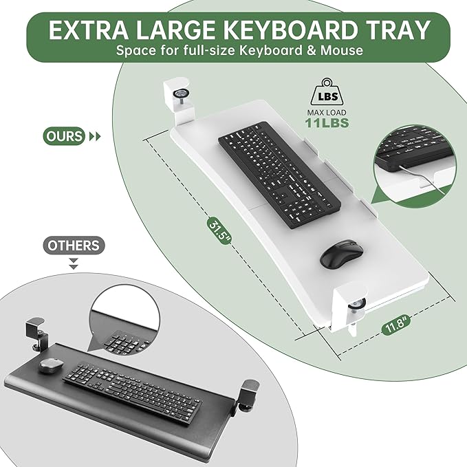 Extra Large Keyboard Tray Under Desk - Slide Out with Sturdy C-Clip Mount System, 31.5" (35.8" Including Clamps) x 11.8" Put-Out Keyboard Tray Computer Drawer for Ergonomic Typing, White-DeskLoop Office