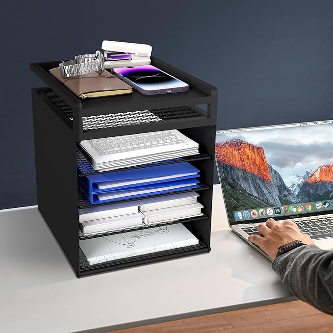 Aothia Desk Organizer with 4 Sliding Trays – Metal File Organizer for Desktop, Hanging Under Desk Organizer and Paper Tray Shelf, Space-Saving Office Document Sorter, Black-DeskLoop Office