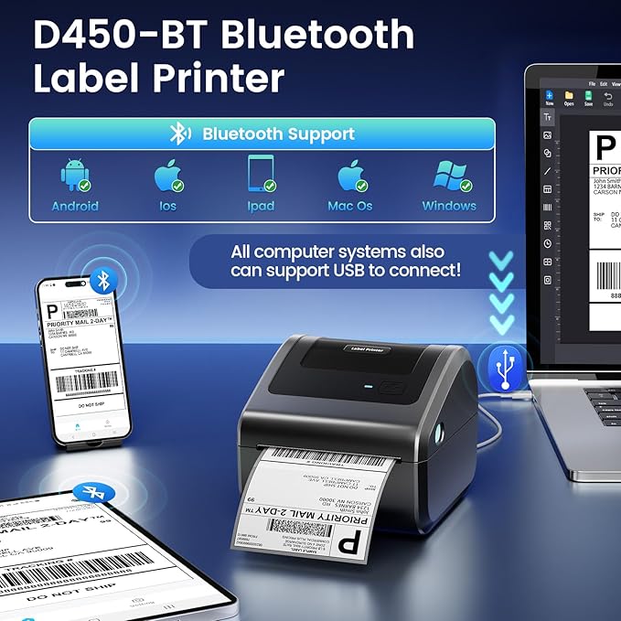 Bluetooth Shipping Label Printer 4x6 - D450BT Thermal Label Printer for Shipping Packages, Small Business, Home, Office, Compatible with Amazon, Ebay, Etsy, USPS-DeskLoop Office